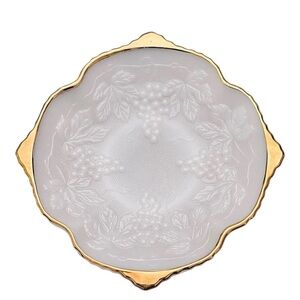 1950s Anchor Hocking Vineyard Milk Glass Footed Dish with gold trim